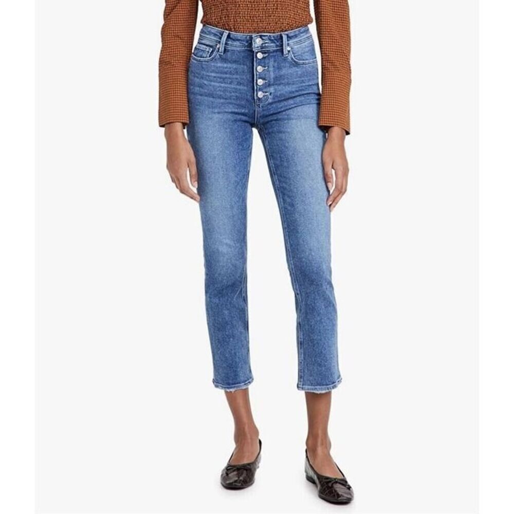 Paige Cindy Crop Straight Exposed Button Fly High-Rise Lightly Distressed 27